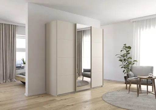 Schwebetürenschrank RIVASA- B ca. 203 cm, Champagner, Spiegel