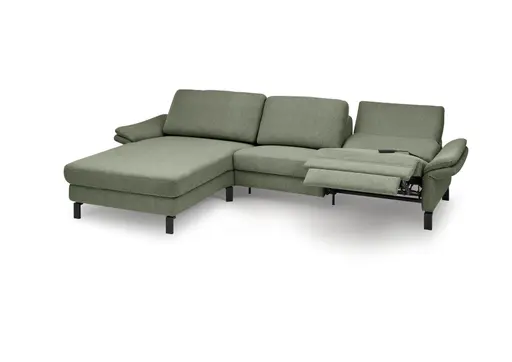Ecksofa CALM PREMIUM 2.0 - Longchair links mit 3-Sitzer, Relaxfunktion motorisch, Armlehne verstellbar, Stoff, Dunkelgrün