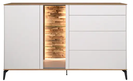 Sideboard - mit Beleuchtung, B ca. 169 cm, Weiß, Asteiche, Schwarz