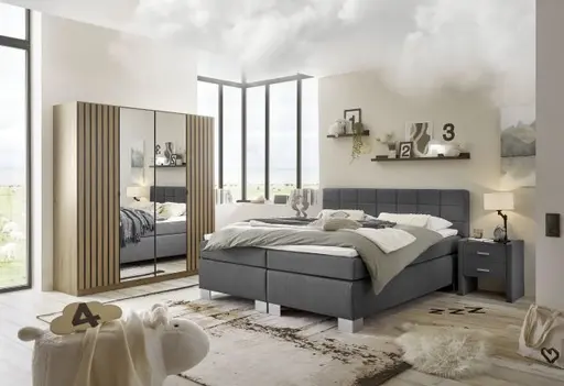 Drehtürenschrank RUERTO- B ca. 181 cm, Eiche Dekor, Dunkelgrau, Paneel, Eiche Dekor, Spiegel