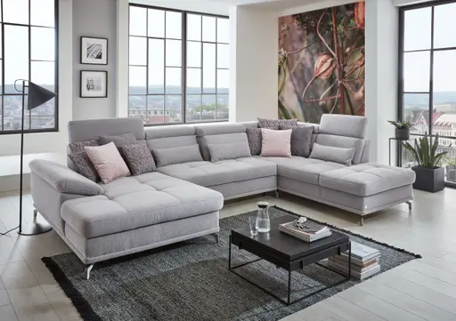 Wohnlandschaft - inkl. Sitztiefen- und Kopfteilverstellung, Stoff, Silbergrau