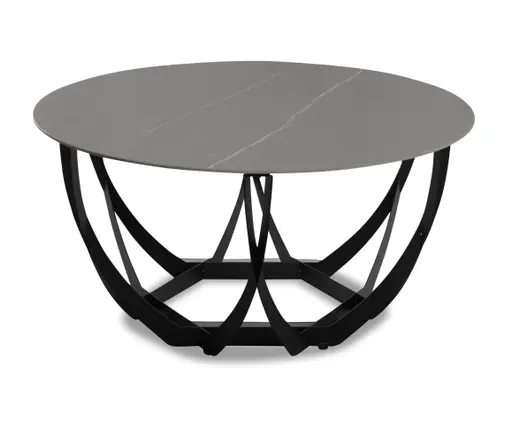 Couchtisch - Ø/H ca. 80x40 cm, Hellgrau marmoriert, Schwarz