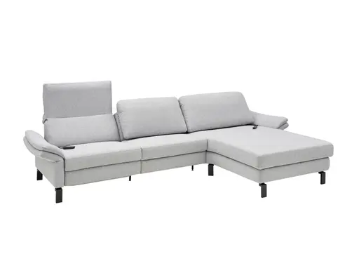 Ecksofa - 3-Sitzer mit Longchair rechts, Relaxfunktion motorisch, Stoff, Hellgrau