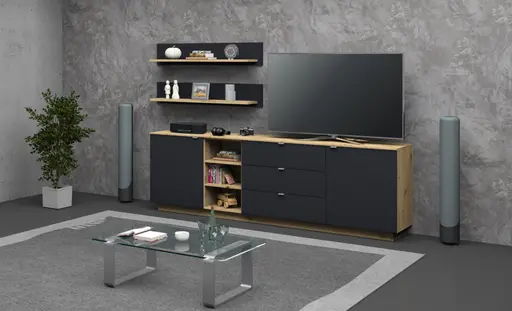 TV-Sideboard - Schwarz, Eiche Dekor