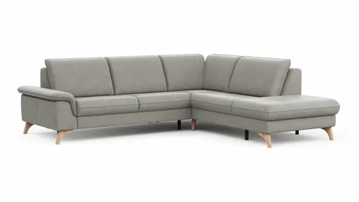 Ecksofa Tulsa KS - 2,5-Sitzer, Spitzecke und 1,5-Sitzer mit Anstellhocker rechts, Leder, Graubeige
