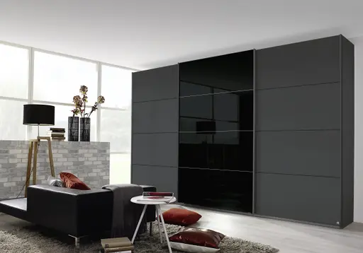 Schwebetürenschrank- B ca. 361 cm, Graumetallic, Glas, Schwarz