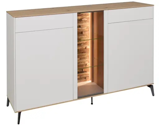 Sideboard - mit Beleuchtung, B ca. 159 cm, Weiß, Asteiche, Schwarz