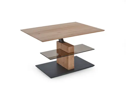 Couchtisch - höhenverstellbar LBH110x80x47(62) cm, Kerneiche Umato massiv, Glas, Bronze