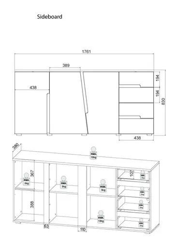 Sideboard - B ca. 176 cm, Weiß, Weiß Hochglanz, Anthrazit