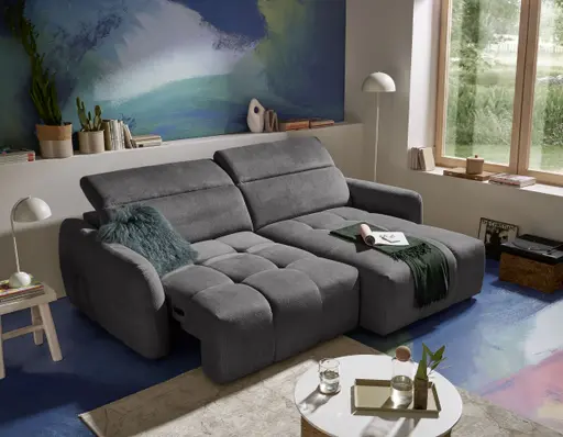 Ecksofa MADAN - 1,5-Sitzer mit Longchair rechts, Sitztiefe verstellbar motorisch, Kopfteil verstellbar, Stoff, Graphite