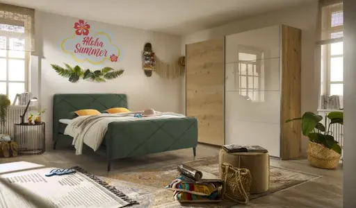 Schwebetürenschrank ROMAN- B ca. 226 cm, Eiche Dekor, Glas, Champagner