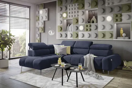 Ecksofa - Ecke links mit 2-Sitzer, Sitzvorzug motorisch, Kopfteil verstellbar, Stoff, Dunkelblau