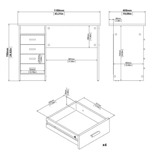 Schreibtisch - LB ca. 110x49 cm, Weiß
