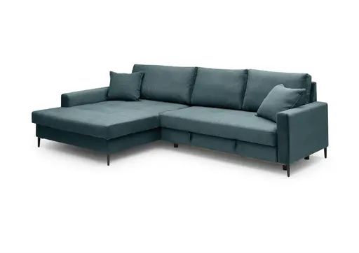 Ecksofa - Longchair links mit 3-Sitzer, Schlaffunktion mit Bettkasten, Stoff, Azur
