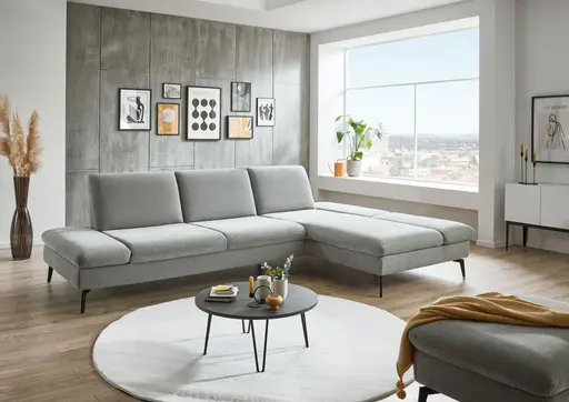 Ecksofa - 3-Sitzer mit Longchair rechts, Armlehne verstellbar, Stoff, Silbergrau