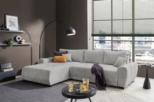 Ecksofa - Longchair links mit 2-Sitzer, Schlaffunktion mit Bettkasten, Stoff, Silbergrau
