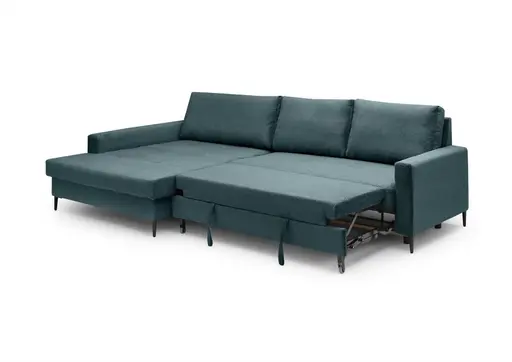 Ecksofa - Longchair links mit 3-Sitzer, Schlaffunktion mit Bettkasten, Stoff, Azur