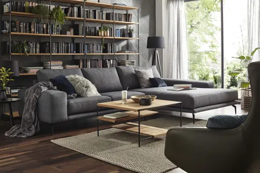 Ecksofa Redington - 2,5-Sitzer mit Longchair groß rechts, Stoff, Schwarz