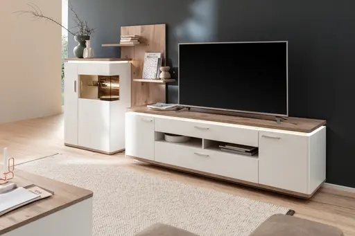 Wohnwand mit Beleuchtung - Weiß, Absetzung Eiche