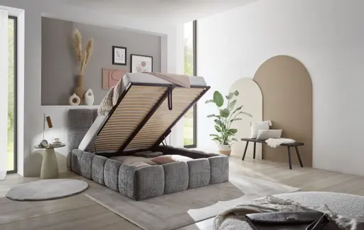 Bettgestell SANDRIN R- Liegefläche ca. 140x200 cm, Stoff, Hellgrau, inkl Latterost und Stauraum