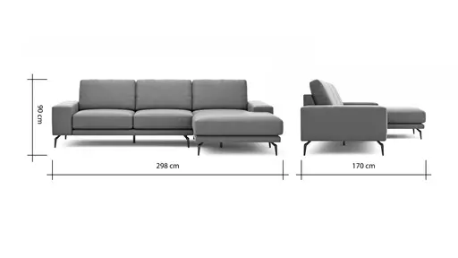 Ecksofa Redington - 2,5-Sitzer mit Longchair rechts, Leder, Grau 