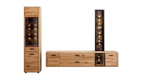 Wohnwand Vigo - inkl. Beleuchtung, Wildeiche massiv, Natur geölt