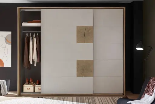 Schwebetürenschrank- B ca. 270 cm, Eiche Dekor, Hellgrau, Hirnholz