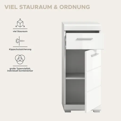 Standschrank - B ca. 37 cm, Weiß, Weiß Hochglanz