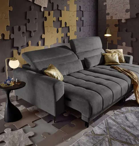 Ecksofa MINAO - 1,5-Sitzer mit Longchair rechts, Sitztiefe verstellbar motorisch, Kopfteil verstellbar, Stoff, Graphite