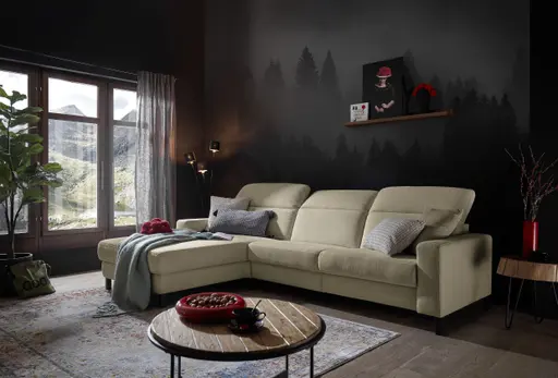 Ecksofa - CALM FLEX 2.0, Longchair links mit 3-Sitzer, Kopfteil verstellbar, Stoff, Natur
