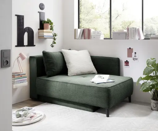 Recamiere JADYN- inkl. Schlaffunktion mit Bettkasten, Stoff, Grün