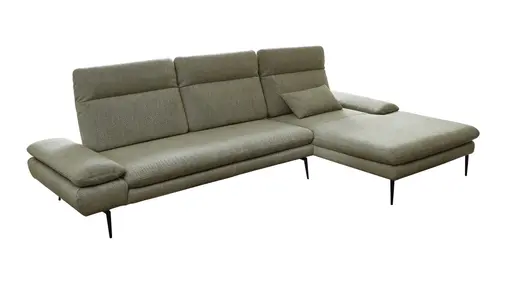 Ecksofa - 2,5-Sitzer mit Longchair rechts, Kopfteil/Sitztiefe verstellbar (manuell), Flachgewebe, Olive 