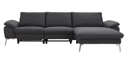 Ecksofa Gotera - 1,5-Sitzer med + 1,5-Sitzer med mit Longchair groß rechts inkl. Schlaffunktion (teilmotorisch), Armlehne klappbar, Rückenlehne verstellbar  und einmal Relaxfunktion (teilmotorisch), Stoff, Anthrazit