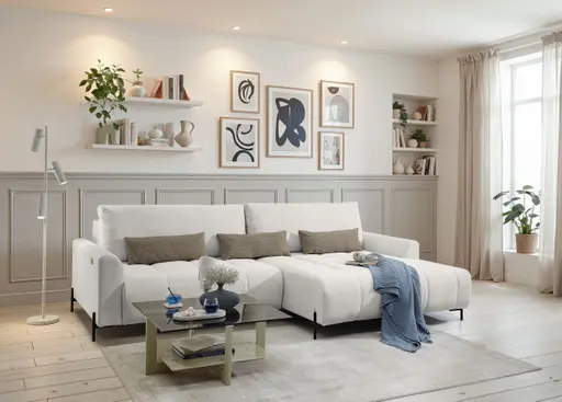 Ecksofa - 2-Sitzer mit Longchair rechts, Sitztiefe verstellbar motorisch, Stoff, Sand