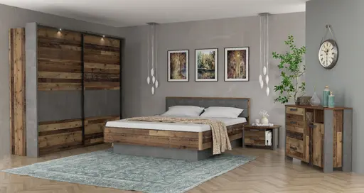 Bettgestell FEA - gepolstertes Kopfteil, Liegefläche ca. 180x200 cm, Old Wood Vintage Dekor, Betonoptik Dunkelgrau