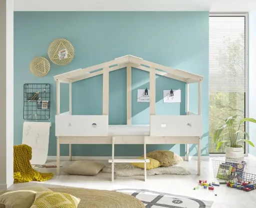 Hausbett - Liegefläche ca. 90x200 cm, Weiß, Kiefer Natur