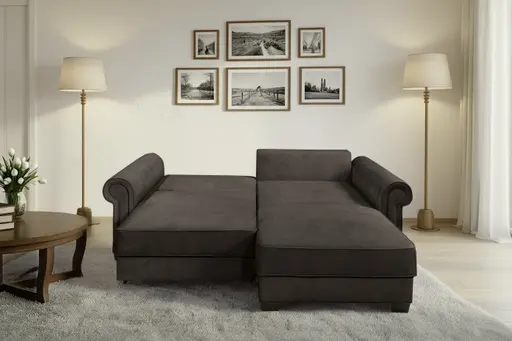  Ecksofa - Sofa 2-Sitzer mit Longchair rechts, Schlaffunktion mit Bettkasten, Stoff, Espresso
