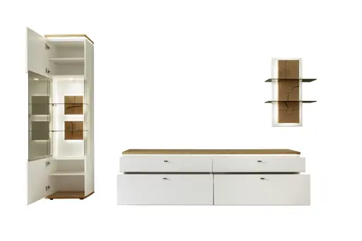 Wohnwand mit Beleuchtung - Weiß, Absetzung Wildeiche Furnier