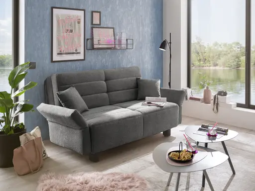  Faltsofa Easy - 2-Sitzer, ca. 140 cm inkl. Schlaffunktion/Topper/Armteil verstellbar, Stoff, Dunkelgrau