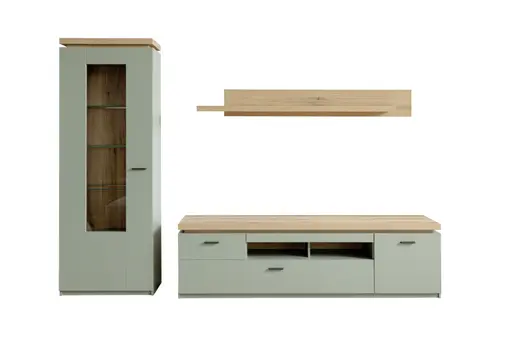 TV-Lowboard - mit Beleuchtung, B ca. 195 cm, Salbeigrün, Eiche Evoke Nachbildung