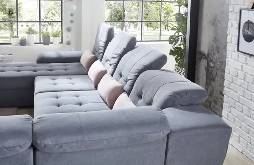 Wohnlandschaft - Longchair links, 3-Sitzer, Ecke rechts inkl. Kopfteilverstellung, Armteilverstellung in Flachgewebe blaugrau