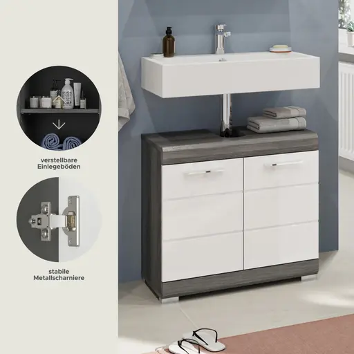 Waschbeckenunterschrank - B ca. 60 cm, Rauchsilber, Weiß Hochglanz