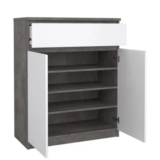 Kommode - B ca. 81 cm, Betonoptik, Weiß Hochglanz