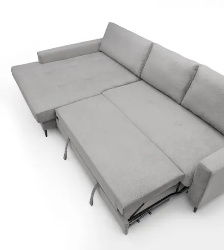 Ecksofa - Longchair links mit 3-Sitzer, Schlaffunktion mit Bettkasten, Stoff, Eisengrau