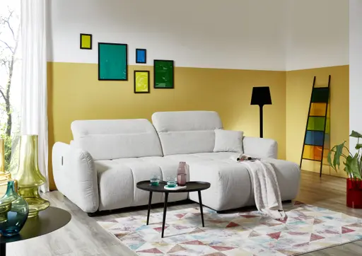 Ecksofa JAIMIE - 1,5-Sitzer mit Longchair rechts inkl. Relaxfunktion, verstellbare Kopfstütze, Stoff, Beige