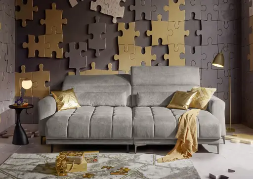 Ecksofa MINAO - 1,5-Sitzer mit Longchair rechts, Sitztiefe verstellbar motorisch, Kopfteil verstellbar, Stoff, Truffle