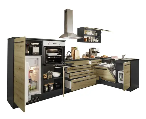 Küchenblock Eck- ohne E-Geräte, B ca. 320 cm, Anthrazit, Eiche Dekor