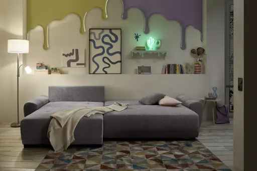 Ecksofa - Longchair links mit 2-Sitzer, Schlaffunktion mit Bettkasten, Stoff, Steingrau