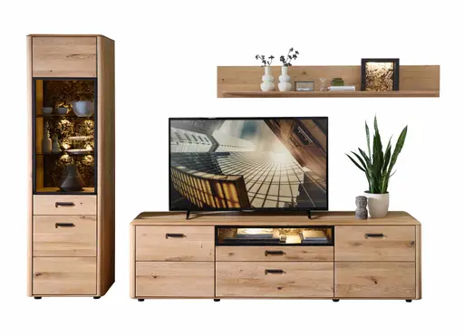 Wohnwand - mit Beleuchtung, Wildeiche massiv