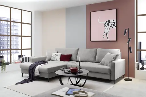Ecksofa - Longchair links mit 3-Sitzer, Stoff, Eisengrau